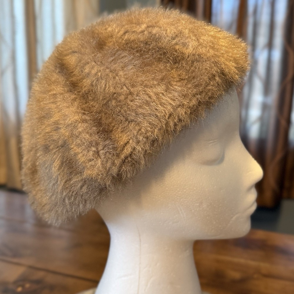 Vintage 1960s 60s MCM Tan Brown Faux Fur Hat French‎ Elastic Beret